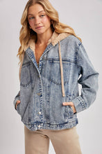 Load image into Gallery viewer, person wearing a Faux Fur Hooded Denim Jacket in a Light Wash