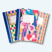 Load image into Gallery viewer, three notebooks with busy color print covers