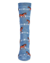 Load image into Gallery viewer, blue sock with brown horse design