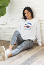 Load image into Gallery viewer, woman sitting on the floor wearing a Florida gators long sleeve white shirt