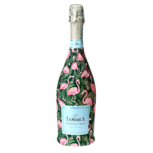 Load image into Gallery viewer, Champagne Bottle covered with the Palm Flamingo Club Bottle wrap