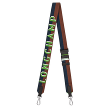 Load image into Gallery viewer, Longchamp Shadow Bandoulière Adjustable Strap brown and navy stripe with green text