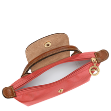 Load image into Gallery viewer, Longchamp Le Pliage Original Pouch w/ Handle - with strawberry color fabric and brown leather, gold hardware open showing white interior