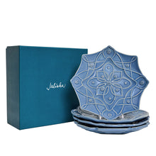 Load image into Gallery viewer, Juliska Jardins Du Monde Dessert/Salad Plate blue in a stack next to Juliska box