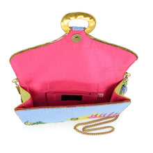 Load image into Gallery viewer, Tropics Palm Beaded Palm Fronds Crossbody/Clutch Handbag open showing pink interior