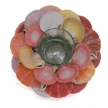 Load image into Gallery viewer, Scallop Shell Glass Tealight Holder showing glass candle holder surrounded with pink shells