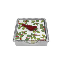 Load image into Gallery viewer, silver napkin box with red cardinal napkin weight and paper napkins printed with a holly pattern