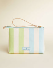 Load image into Gallery viewer, Spartina 449 Carina Wristlet Overboard Stripe back of the bag, cream with two blue stripes and two green stripes