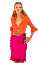 Load image into Gallery viewer, person wearing Gretchen Scott Designs Silk Confetti Fringe Skirt in fuchsia