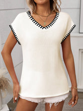 Load image into Gallery viewer, V-neck Short Sleeves Sweater Vest cream with black accents on neck and arms