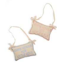 Load image into Gallery viewer, two tan pillows with loop to hang on a wall or door, one reads Thank Heaven for little boys in blue thread the other Thank Heaven for Little Girls in pink thread