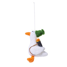 Load image into Gallery viewer, Hand-Crafted Felt Ornament duck with a green hat and carrying a duckling in a backpack