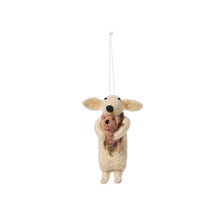 Load image into Gallery viewer, Hand-Crafted Felt Ornament dog holding a puppy and wearing a scarf