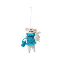 Load image into Gallery viewer, Hand-Crafted Felt Ornament mouse holding a baby mouse and wearing a blue sweater and holding a bag