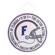 Load image into Gallery viewer, white disk printed with a football helmet with an F in orange and blue, Text around the helmet reads Fighting gators, University of Florida, U of F, The Gator Nation