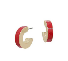 Load image into Gallery viewer, Red and gold hoop earrings on a white background