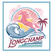 Load image into Gallery viewer, Longchamp La Vague du Style Silk Scarf 70 with pink horse and blue wave