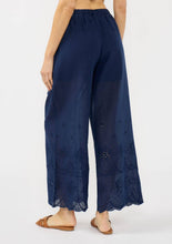 Load image into Gallery viewer, wide leg blue cotton pants with eyelet design along the border back view