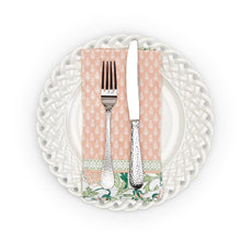 Load image into Gallery viewer, Plate with pink and green napkin and a knife and fork