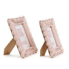 Load image into Gallery viewer, Pink Wicker Weave Photo Frame in two sizes showing kick stand