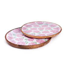 Load image into Gallery viewer, Pink Hydrangea Hand-Crafted Wood Round Trays side view showing height