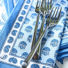Load image into Gallery viewer, Chinoiserie Blue Block Print Cloth Napkins with three forks