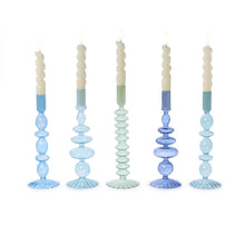 Load image into Gallery viewer, Shades of Blue Hand-Blown Glass Taper Candlestick Candleholders with tapers