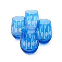 Load image into Gallery viewer, four Blue stemless wine glass with etching accents