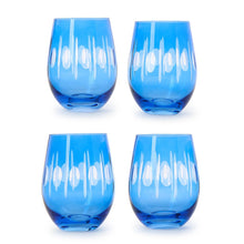 Load image into Gallery viewer, four Blue stemless wine glass with etching accents