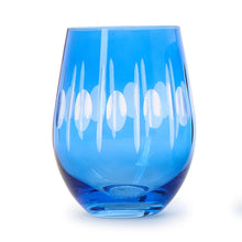 Load image into Gallery viewer, Blue stemless wine glass with etching accents