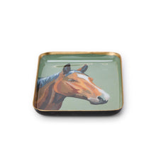 Load image into Gallery viewer, Horse Country Metal Trinket / Desk Trays brown horse head on green background