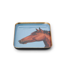 Load image into Gallery viewer, Horse Country Metal Trinket / Desk Trays red horse on blue background