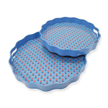 Load image into Gallery viewer, two blue trays Red, White and Bloom Scalloped Lacquered Tray