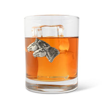 Load image into Gallery viewer, short glass with pewter motif of two horse heads glass is filled with ice and amber liquid