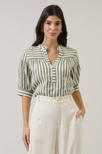 Load image into Gallery viewer, Person wearing Catana Striped Split Neck Top green and white stripes with white pants