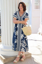 Load image into Gallery viewer, woman in Cora Caftan with blue and white print