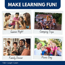 Load image into Gallery viewer, four images showing where this can can be played - Games Night, Camping trips, Family Dinner, Picnic Day