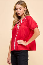 Load image into Gallery viewer, Embroidery Trim Puff Sleeve Top - Red