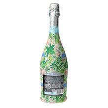 Load image into Gallery viewer, Champagne Bottle covered with the Verde Palm Pavilion Prosecco Bottle Wrap back view