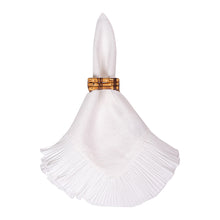 Load image into Gallery viewer, white napkin with heavily pleated ruffle border in a bamboo napkin holder
