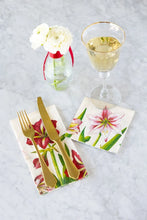 Load image into Gallery viewer, Hester & Cook Amaryllis Blooms Paper Napkins set with gold flatware and wine glass