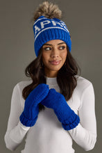 Load image into Gallery viewer, woman in Royal Blue Cuffed Knit Mittens paired with a white shirt and blue and white hat