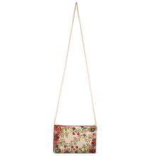 Load image into Gallery viewer, phone purse heavily beaded with a floral design with chain hooked to create a clutch