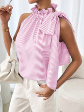 Load image into Gallery viewer, Fashion Striped Lace High Collar Tied Sleeveless Top in pink and white stripes