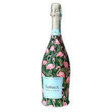 Load image into Gallery viewer, Champagne Bottle covered with the Palm Flamingo Club Bottle wrap side view