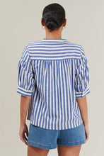 Load image into Gallery viewer, back of Catana Striped Split Neck Top blue and white stripes