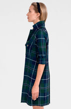 Load image into Gallery viewer, woman wearing Alli Dress Melville Tartan a green blue and white plaid side view