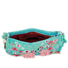 Load image into Gallery viewer, Flirty Flamingos Beaded Pink Flamingos Crossbody Handbag open showing lined interior