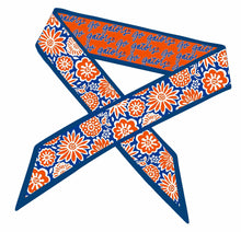 Load image into Gallery viewer, Skinny Scarf – Florida Gators reversable one side is a blue orange and white floral print the other is orange with "Gators" written in a script font in blue and white
