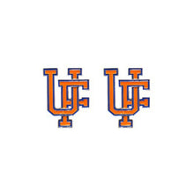 Load image into Gallery viewer, earrings with interlocking U and F is orange and blue